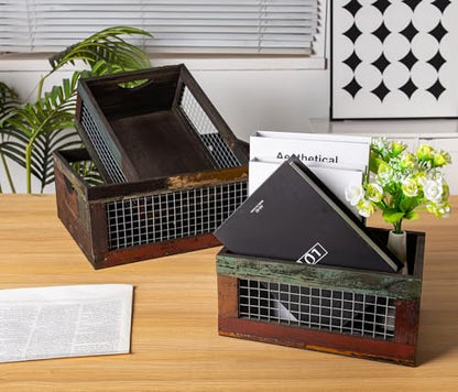 TIMRIS Set of 3 Rustic Wood Nesting Crates, Farmhouse Distressed Wooden Storage Boxes, Decorative Reclaimed Wood Organizer Baskets with Wire Mesh (Random) - size: Set of 3