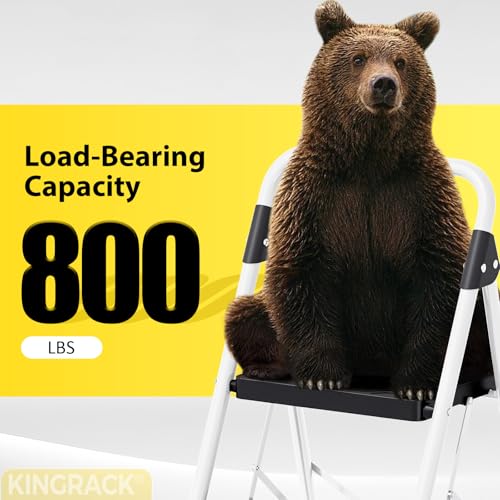 KINGRACK 3 Step Folding Ladder, 800lbs Capacity Step Stool with Safety Lock, Non-Skid Wide Pedals, and Handrail, Lightweight, Household Ladder for Home, Kitchen, Pantry, Closets, and Office Use, White - size: 3-STEP