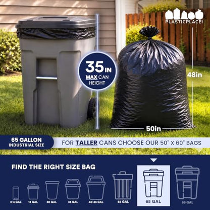 Plasticplace 65 Gallon Trash Bags │ 1.5 Mil │ Black Heavy Duty Garbage Can Liners │ 50” x 48” (50 Count)