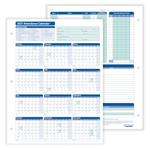 ComplyRight 2027 Attendance Calendar Card, White, Pack of 25 - size: 25 Pack, style: Attendance Calendar Card