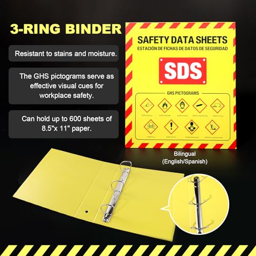 MSDS SDS Binder and Wall Station,Yellow Heavy Duty 3 Inch Material Safety Data Sheet 3 Ring Binder with SDS Wire Rack and Display Sign, Chain,Mounting Hardware,Safety Posters,MSDS Labels