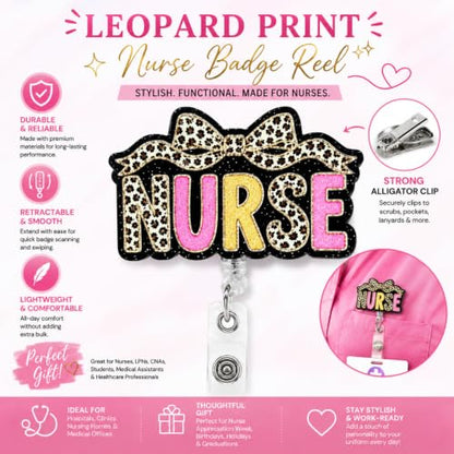 Leopard Print Nurse Badge Reel Retractable ID Holder Cute Coquette Bow Pink Gold Cheetah Animal Theme Girly Nursing Nurses CNA LPN RN Hospital Staff Lanyard Alligator Clip Accessories for Adult Women - style: Nurse