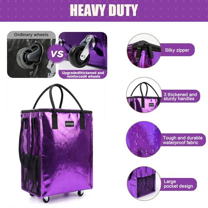 Grocery Bag Rolling Tote Bag on Wheels, Shopping Bag with Wheels Handle - color: Purple