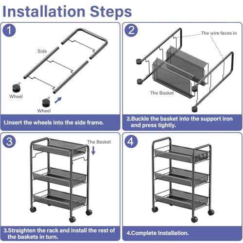 3 Tier Metal Rolling Storage Cart Movable, with Wheels, Black - color: Black