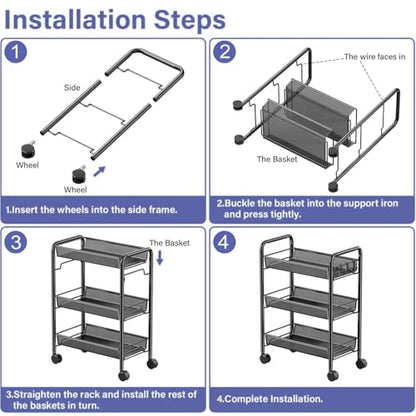 3 Tier Metal Rolling Storage Cart Movable, with Wheels, Black - color: Black