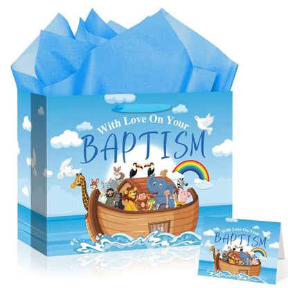 Neptniopllab Large Baptism Gift Bags for Boys,Blue Religious Christian Birthday Gift Bag with Greeting Card and Tissue Paper for Baby Boy First Communions Baptism Christenings (Baptism) - color: Baptism