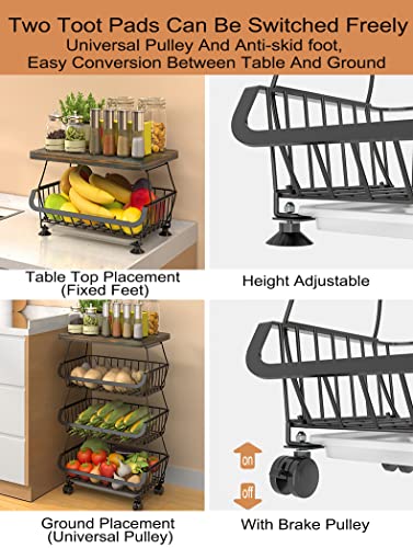MURRI&MURRDI Fruit Vegetable Storage Basket with Wooden Lid, 6 Tier Stackable Wire Kitchen Cart with Wheels, Tall Produce Snack Racks Display, Narrow Rolling Cart for Pantry Onion Potato, Black - color: 6 Black