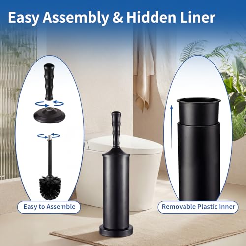 ROLABAM Toilet Bowl Brush and Holder Set, Rustproof Metal Toilet Cleaner Brush for Deep Cleaning, Heavy Freestanding Base with Splash Guard & Extended Handle, Space Saving Bathroom Accessory - color: Black-3