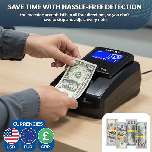 Counterfeit Bill Detector Machine with UV Flashlight, IR MG UV Detection - Fake Bill Checker for USD, EUR & GBP, Cash Value Calculator with Automatic 4-Way Orientation