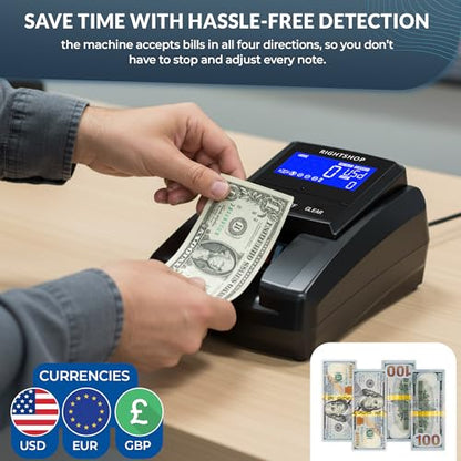 Counterfeit Bill Detector Machine with UV Flashlight, IR MG UV Detection - Fake Bill Checker for USD, EUR & GBP, Cash Value Calculator with Automatic 4-Way Orientation