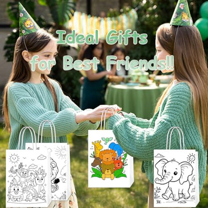 Lyosehy 24Pack Jungle Animal Coloring Paper Bags Color Your Own Animal Bags with Handles Safari Paper Coloring Crafts Art Painting Party Favors Supplies Gifts Wrapping
