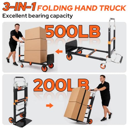Folding Hand Truck Dolly Cart with Wheels, 500lb Load, Black Orange - color: Black+orange