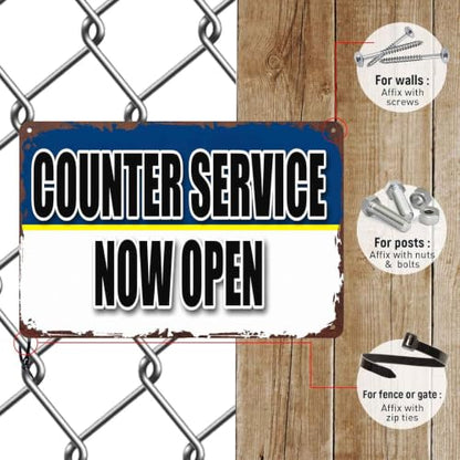 Funny Metal Sign Counter Service Now Open Aluminum Wall Decor 8x12 Inch for Living Room Bedroom Office Bar Café Restaurant and Garage