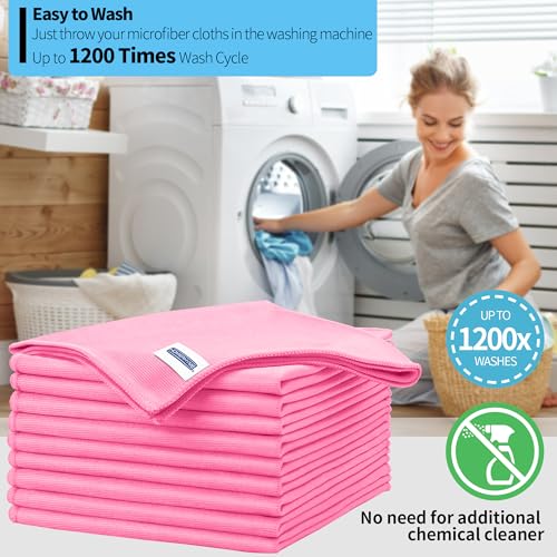 Microfiber Cleaning Cloth - 10 Pack Glasses Cleaning Cloth, 16" x 14" Window Cleaning Rags, Streak Free Lint Free Polishing Cloths Wipes for Eye Glass, Stainless Steel, Windshield, Pink - color: Pink, size: 16" x 14"