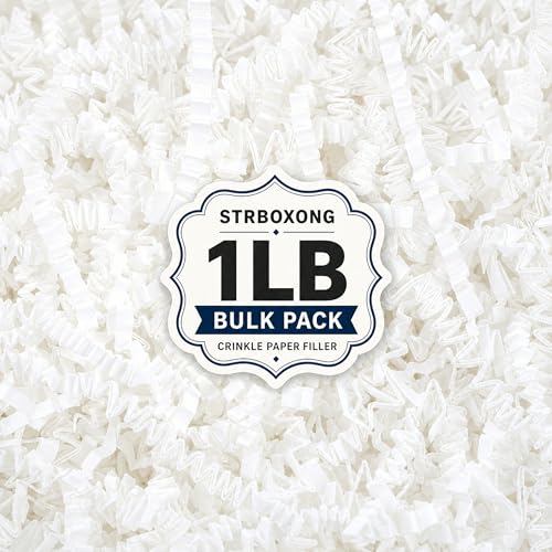 STRBOXONG White Crinkle Paper Filler 1 LB, Dust-Free Crinkle Cut Paper Shred for Gift Baskets, Gift Boxes, Gift Bags, Wedding Favors, Retail Packaging, Small Business Orders and Party Supplies - color: White