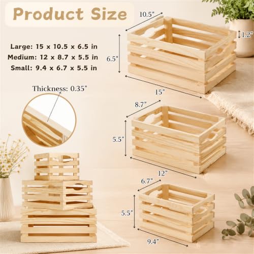 ZENFUN 3 Pack Wooden Nesting Crates with Handles, Decorative Hand Crafted Wood Box Nesting Crate Farmhouse Storage Basket Container for Display and Organization, Home Centerpieces