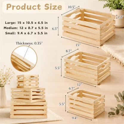 ZENFUN 3 Pack Wooden Nesting Crates with Handles, Decorative Hand Crafted Wood Box Nesting Crate Farmhouse Storage Basket Container for Display and Organization, Home Centerpieces