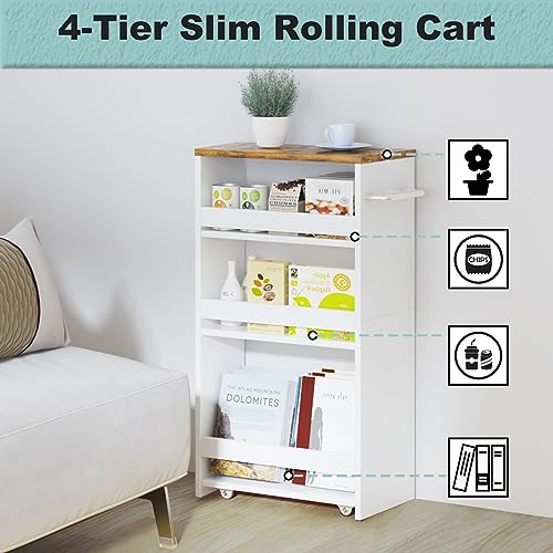 MARTY Slim Rolling Storage Cart 7.9" W Laundry Cart with Wheels,Brown+White - color: White, size: 7.9"D x 15.75"W x 31.5"H