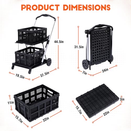 2 Tier Folding Shopping Carts, Multipurpose Rolling Trolley with 360 Rolling Swivel Wheels & Storage Crate, Rolling Organizer for Groceries, Warehouse,Outdoor, 2 Cargo Boxes