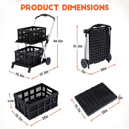 2 Tier Folding Shopping Carts, Multipurpose Rolling Trolley with 360 Rolling Swivel Wheels & Storage Crate, Rolling Organizer for Groceries, Warehouse,Outdoor, 2 Cargo Boxes