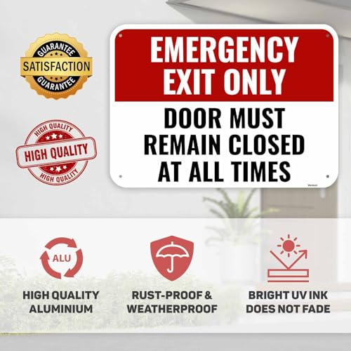 2PC Emergency Exit Only Sign, 14 x 10 Inches - Aluminum - Door Must Remain Closed At All Times - color: Emergency Exit Only Sign