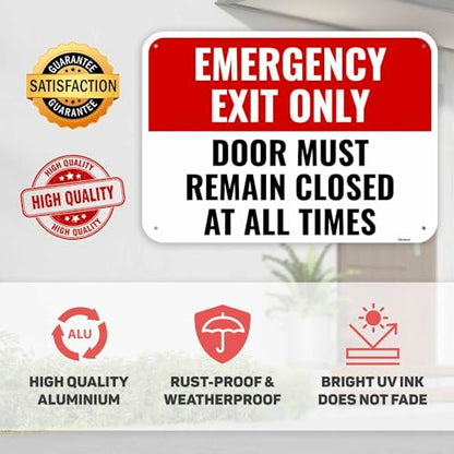 2PC Emergency Exit Only Sign, 14 x 10 Inches - Aluminum - Door Must Remain Closed At All Times - color: Emergency Exit Only Sign