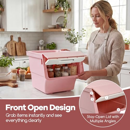 GIANTEX 3 Pack Plastic Stackable Storage Bins with Lids & Wheels, 35 QT - color: White + Pink, size: 3 Pack, 35 QT
