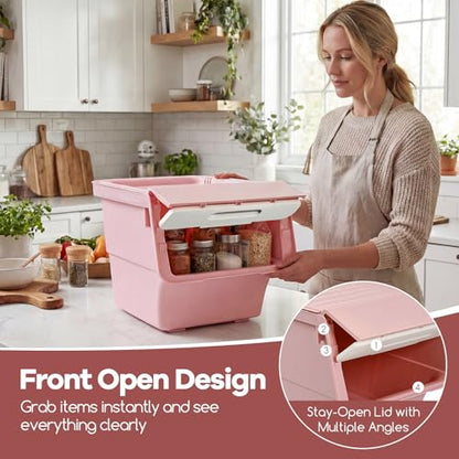 GIANTEX 3 Pack Plastic Stackable Storage Bins with Lids & Wheels, 35 QT - color: White + Pink, size: 3 Pack, 35 QT