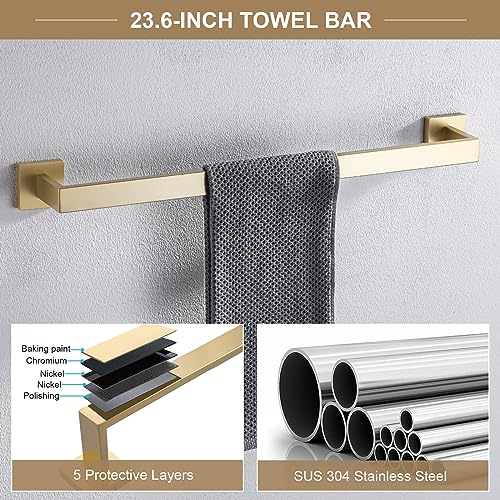 TQKAG 6-Piece Bathroom Towel Bar Sets Brushed Gold 23.6 inch Towel Bar Stainless Steel Towel Ring Coat Hook and Toilet Paper Holder Bathroom Hardware Set Wall Mounted Bathroom Accessories Kit - color: Brushed Dark Gold, size: 6-Pieces Set-A