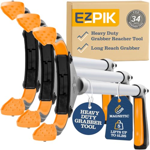 EZPIK Pro 34" Grabber Reacher Tool for Seniors - Grabbers for Elderly Reaching Tool Heavy Duty Pickup Trash Picker Upper Equipment - Claw Grabber Stick for Reaching Aids, Weed Gripper 3-Pack - color: Silver, size: 34" - 3 PK