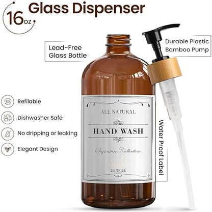Sunrise Premium Amber Glass Soap Dispenser, Bamboo Pump with Tray, 2 Pack - color: Plastic Bamboo Pump - Amber Glass Pack 2
