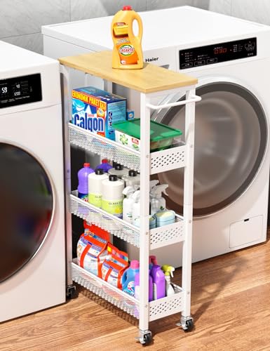 OKZEST Slim Laundry Room Organization Cart with Upgraded Metal Hub Casters - color: White, size: 7.1 Inch Wide