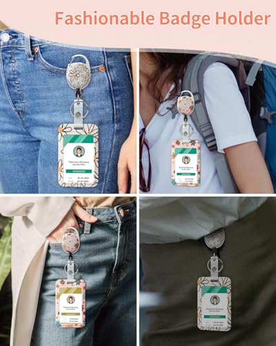 Uniclife 2 Pack Floral Sliding Badge Holder Vertical Flower Plastic Card Case Protector with Retractable Badge Reel Carabiner for Office School ID Credit Proximity Key Women Nurse Teacher Student - color: Pink & Beige Base Daisy