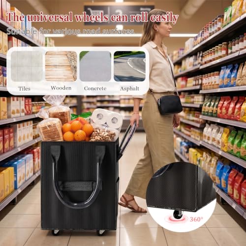 Reusable Grocery Bag on Wheel, Foldable Shopping Cart with Wheels, Can Carry up to 88 Pounds, Suitable for Groceries, Laundry, Camping and Moving. - color: Black - Medium