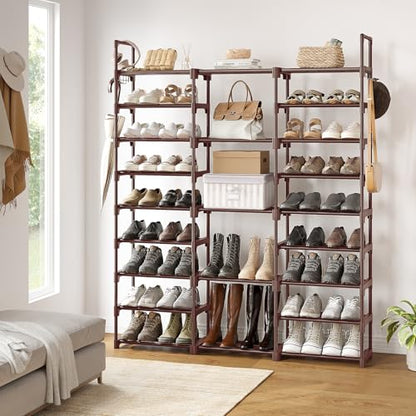 WOWLIVE 9 Tier 3-Column Shoe Rack, 50-55 Pairs Stackable Brown - color: Brown, size: 3 Row 9 Tier