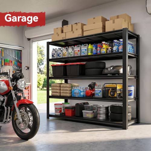 5-Tier Heavy Duty Garage Shelving, 5000LBS Capacity, 84" H x 62" W x 24" D, Boltless Adjustable Metal Storage Rack for Garage, Warehouse, Basement, Shop, Pantry, Black - size: 84"H x 62"W x 24"D