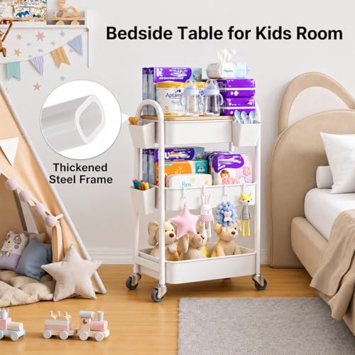 3 Tier White Metal Heavy Duty Rolling Cart with Wheels and Wooden Table Top - color: White