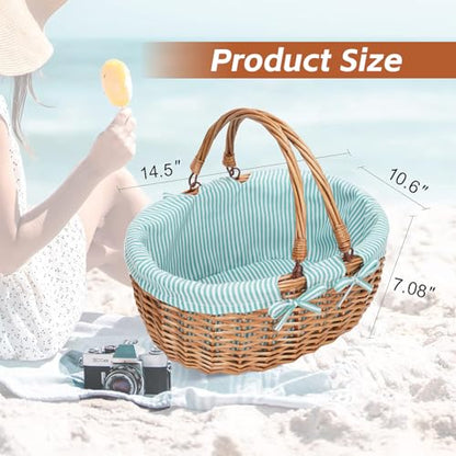 Good GAIN Wicker Picnic Basket w/Fold Handles,Willow Empty Baskets,Green - color: Green
