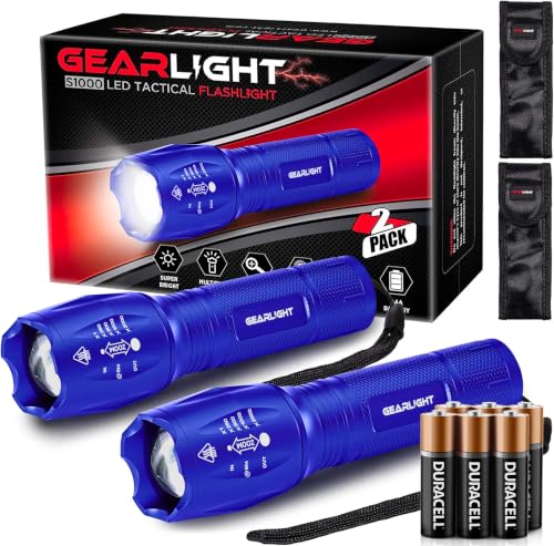GearLight LED Flashlight High Lumens, Mini Tactical LED Flashlight 2 Pack, 5 Modes Zoomable Beam, Battery Powered for Camping, Hunting, Home & Emergency, Compact Small LED Flashlight (Blue) - color: Blue