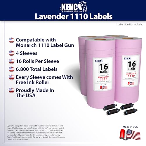 Labels by Kenco to Fit Monarch 1110 Price Gun – Made in The USA -Ink Rollers Included, Choose Your Color and Quantity (Lavender, 4 Sleeves 68,000 Labels) - color: Lavender, size: 4 Sleeves 68,000 Labels