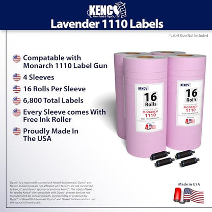 Labels by Kenco to Fit Monarch 1110 Price Gun – Made in The USA -Ink Rollers Included, Choose Your Color and Quantity (Lavender, 4 Sleeves 68,000 Labels) - color: Lavender, size: 4 Sleeves 68,000 Labels