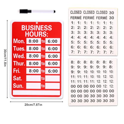 Business Hours Sign, Changeable Operation Times Sign Kit with Matching Sticker & Pen Hangable Writable Store Office Open Closed Hours Boards for Glass Door Window
