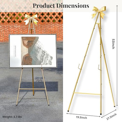 53”H Metal Gold Easel Stand for Sign Heavy Duty with Bow Top - color: Golden bow top