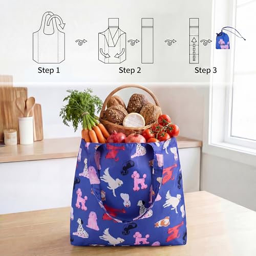 Stelle Lightweight Reusable Grocery Bag with Handles Ripstop Nylon Foldable Tote Shopping Bags for Travel and Groceries - color: Puppy Parade|blue