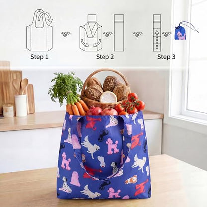 Stelle Lightweight Reusable Grocery Bag with Handles Ripstop Nylon Foldable Tote Shopping Bags for Travel and Groceries - color: Puppy Parade|blue