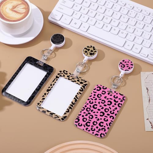 3 Pack Leopard Id Badge Holder with Retractable Reel and Clip - color: Leopard