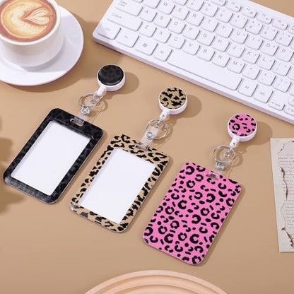 3 Pack Leopard Id Badge Holder with Retractable Reel and Clip - color: Leopard
