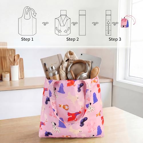 Stelle Lightweight Reusable Grocery Bag with Handles Ripstop Nylon Foldable Tote Shopping Bags for Travel and Groceries - color: Puppy Parade|pink
