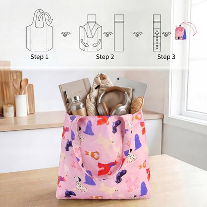 Stelle Lightweight Reusable Grocery Bag with Handles Ripstop Nylon Foldable Tote Shopping Bags for Travel and Groceries - color: Puppy Parade|pink