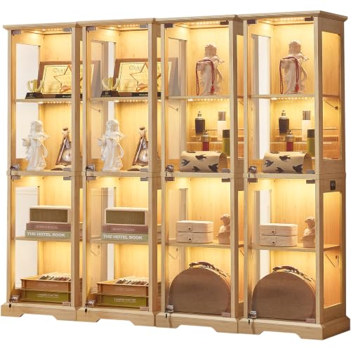 LELELINKY Farmhouse Narrow Glass Display Cabinet with Doors - color: Natural, size: 4 Pack